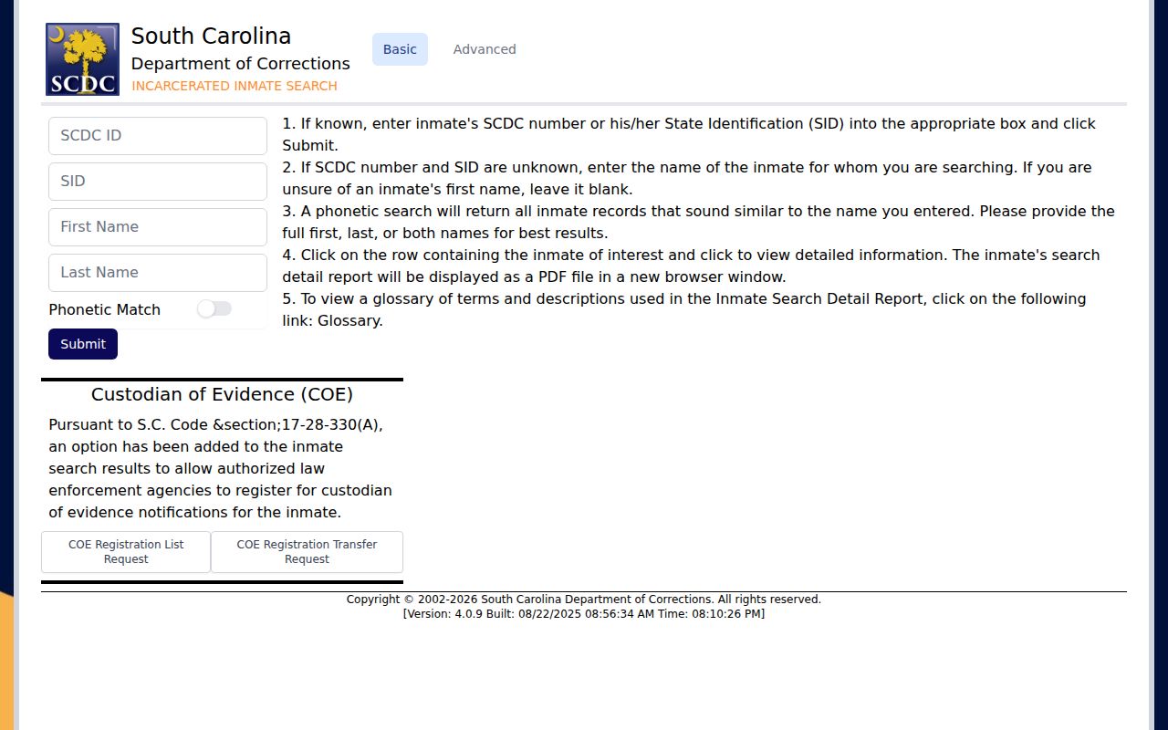 SCDC projected release date record for a Chesterfield County state prisoner